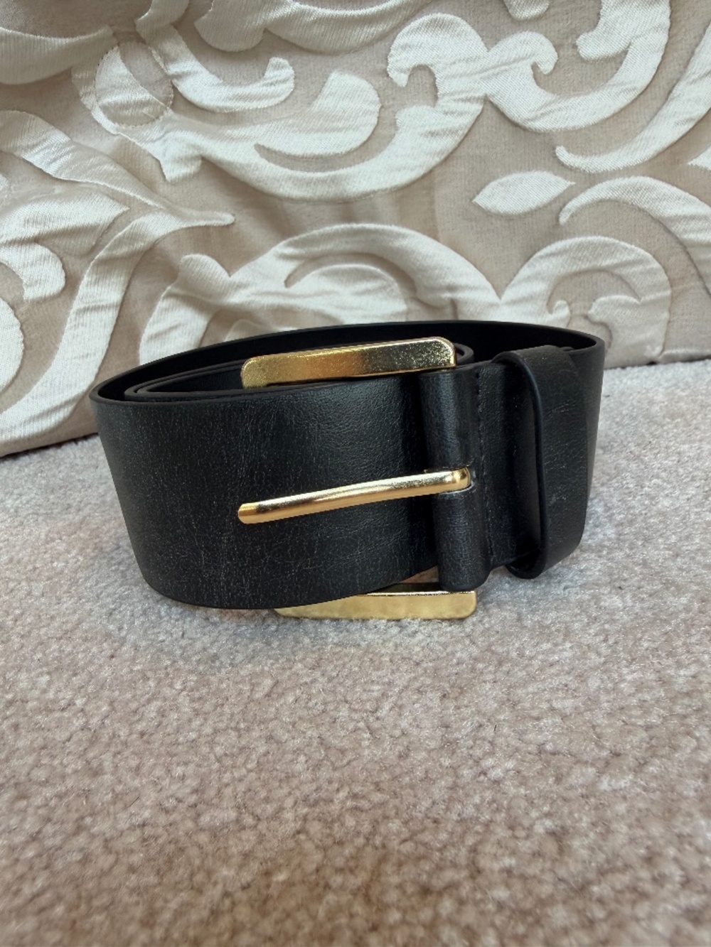 Michael Kors Black Wide Waist Statement Belt Gold Square Buckle Size P/L